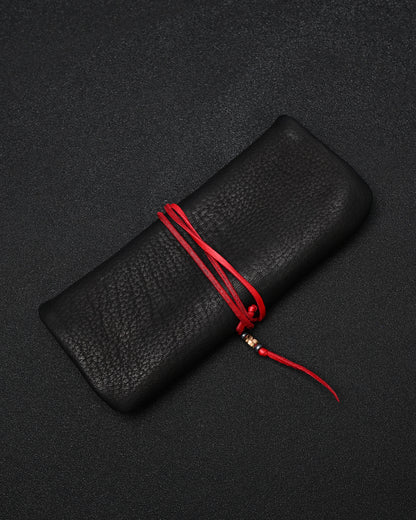 Wtopia 柔らか鹿革 ハンドメイド ヴィンテージ EDC ポーチ｜ブロンズ杏花 × 赤い鹿革コード