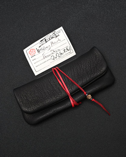 Wtopia 柔らか鹿革 ハンドメイド ヴィンテージ EDC ポーチ｜ブロンズ杏花 × 赤い鹿革コード
