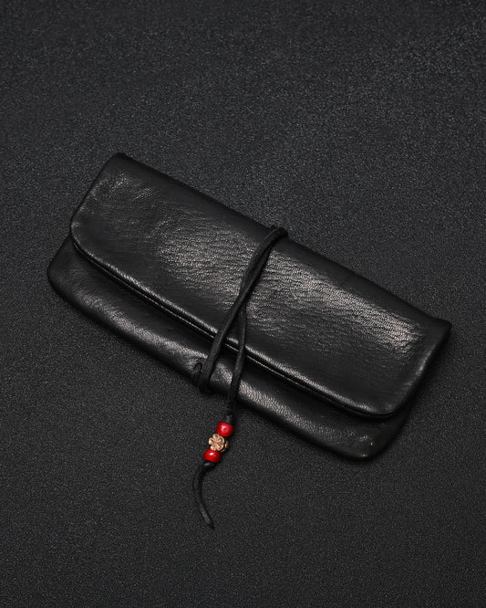 Wtopia 硬質鹿革 ハンドメイド ヴィンテージ EDC ポーチ｜ブロンズ杏花 × ブラック鹿革コード