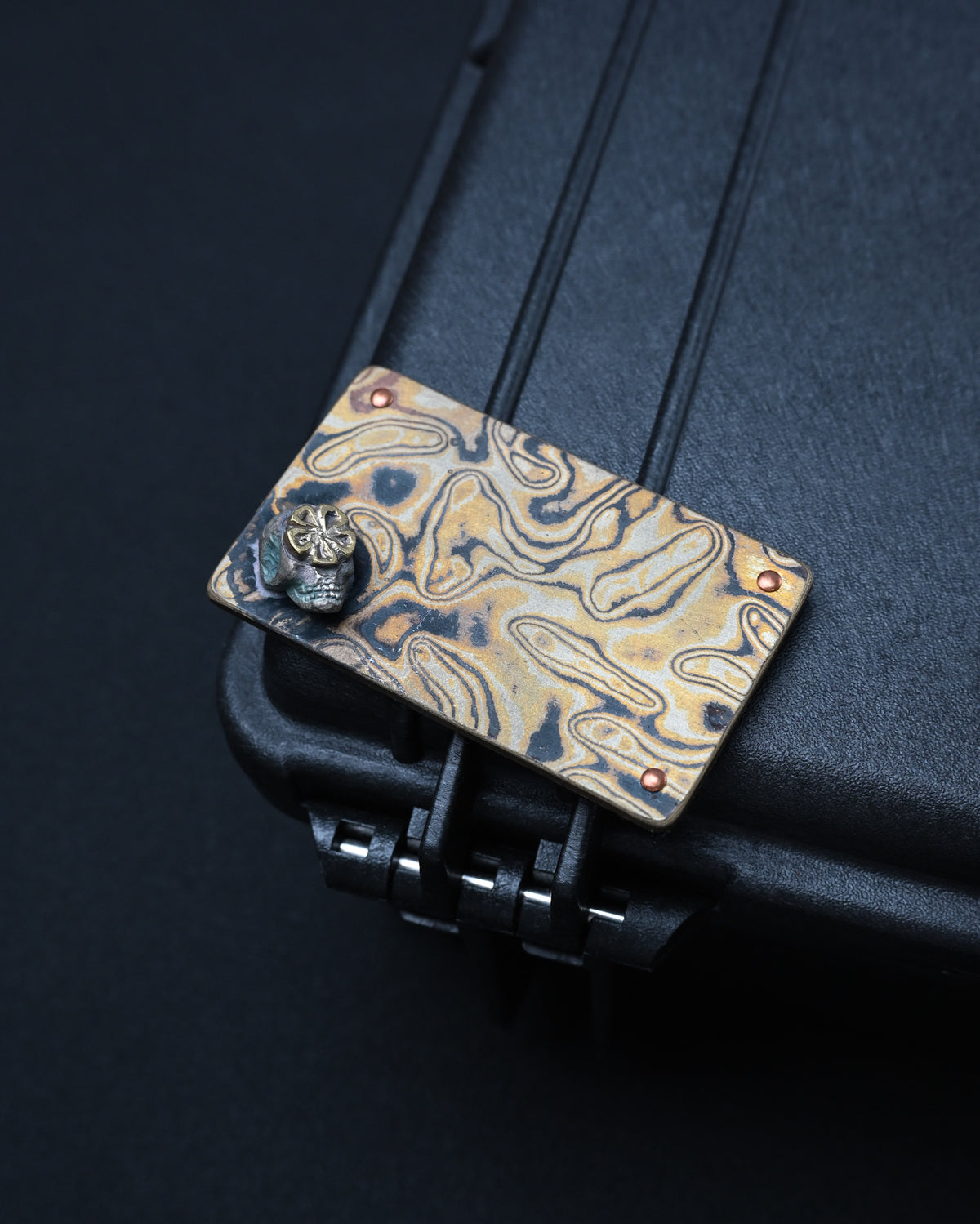 Rare Wtopia Handmade Mokume Gane EDC Patch – 3D Silver Skull / Bronze Floral Detail / Copper Rivets