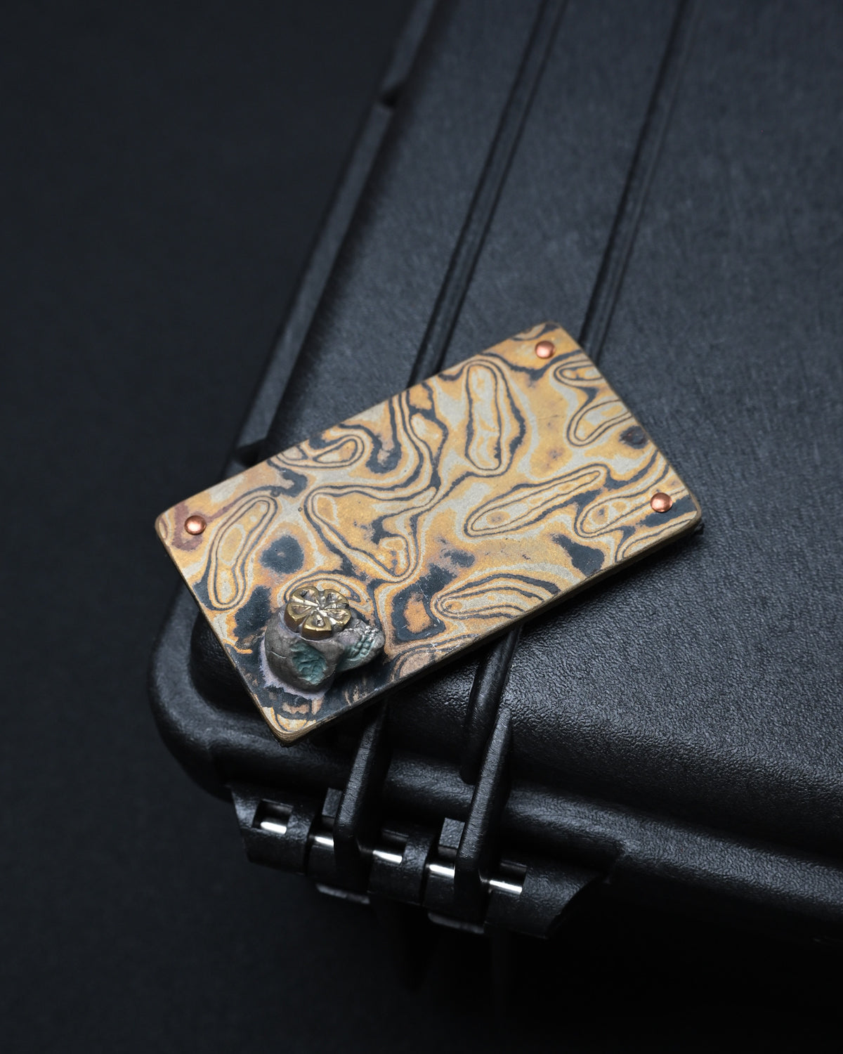 Rare Wtopia Handmade Mokume Gane EDC Patch – 3D Silver Skull / Bronze Floral Detail / Copper Rivets