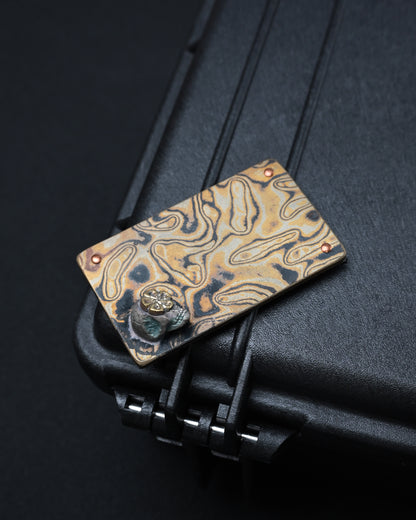 Rare Wtopia Handmade Mokume Gane EDC Patch – 3D Silver Skull / Bronze Floral Detail / Copper Rivets