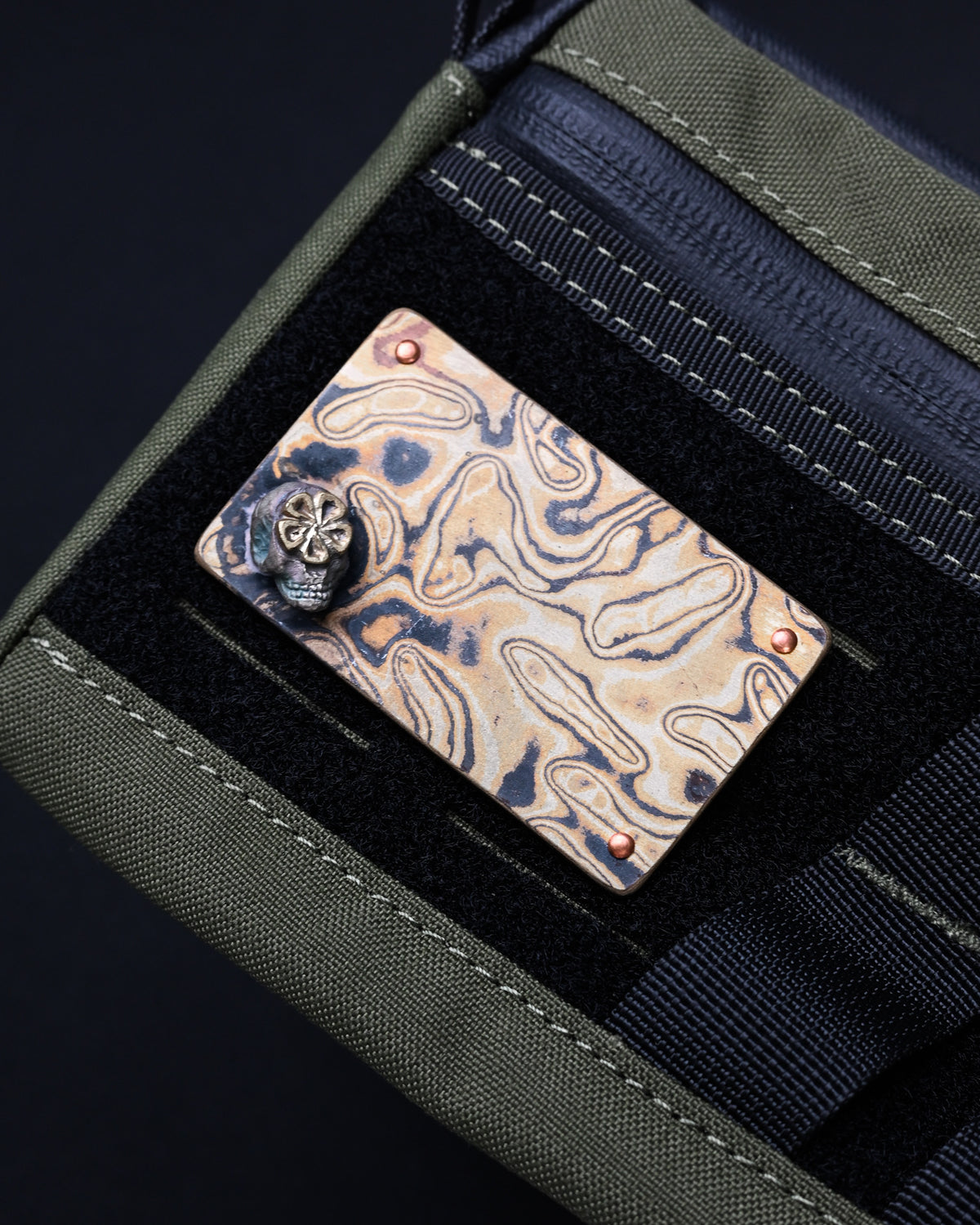 Rare Wtopia Handmade Mokume Gane EDC Patch – 3D Silver Skull / Bronze Floral Detail / Copper Rivets