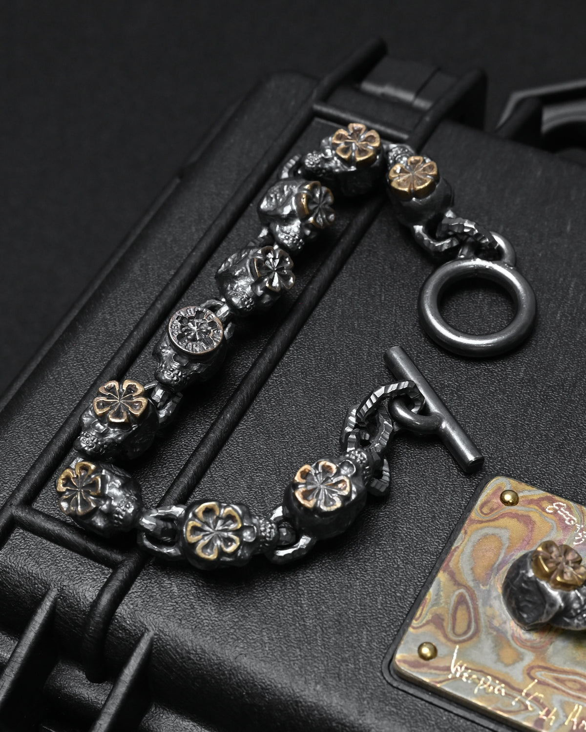 希少 Wtopia シルバー 9スカル × ブロンズ杏花 ブレスレット｜日本製