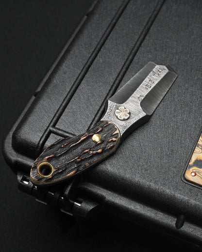 Rare ONE-OFF Wtopia 2026 Seki Exclusive Custom EDC Pry Bar – ATS-34 Steel / Japanese Deer Antler / Sterling Silver Apricot Blossom / Bronze Rivets