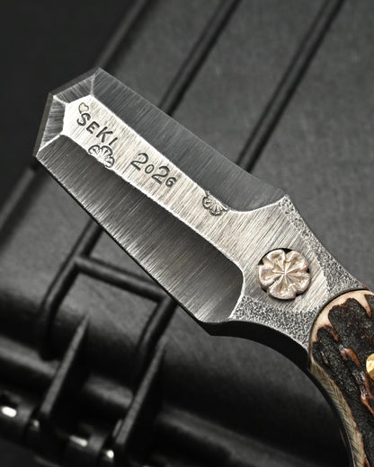 Rare ONE-OFF Wtopia 2026 Seki Exclusive Custom EDC Pry Bar – ATS-34 Steel / Japanese Deer Antler / Sterling Silver Apricot Blossom / Bronze Rivets