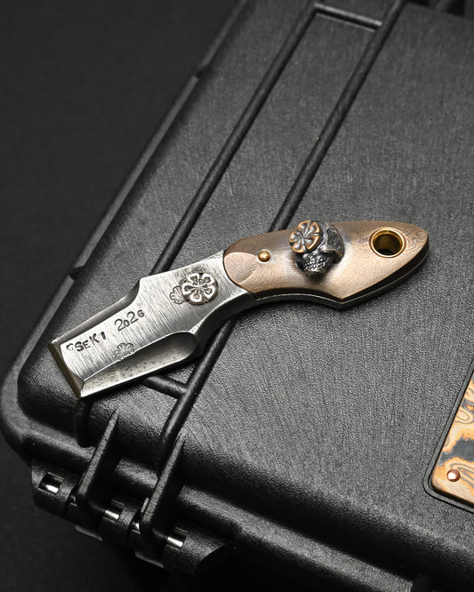 Rare ONE-OFF Wtopia 2026 Seki Exclusive Custom EDC Pry Bar – ATS-34 / Mokume Gane / 3D Silver Skull / Bronze & Silver Floral Details