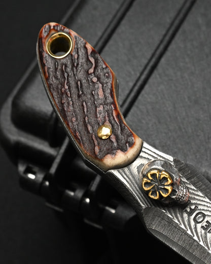 Rare ONE-OFF Wtopia 2026 Seki Exclusive Custom EDC Pry Bar – G3 Laminated Steel / Japanese Deer Antler / Sterling Silver Skull / Bronze Floral Detail