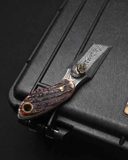 Rare ONE-OFF Wtopia 2026 Seki Exclusive Custom EDC Pry Bar – G3 Laminated Steel / Japanese Deer Antler / Sterling Silver Skull / Bronze Floral Detail