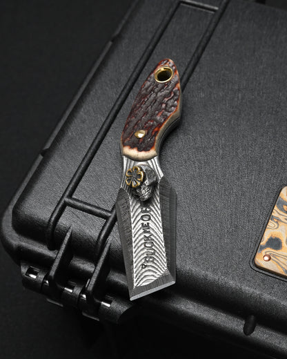Rare ONE-OFF Wtopia 2026 Seki Exclusive Custom EDC Pry Bar – G3 Laminated Steel / Japanese Deer Antler / Sterling Silver Skull / Bronze Floral Detail