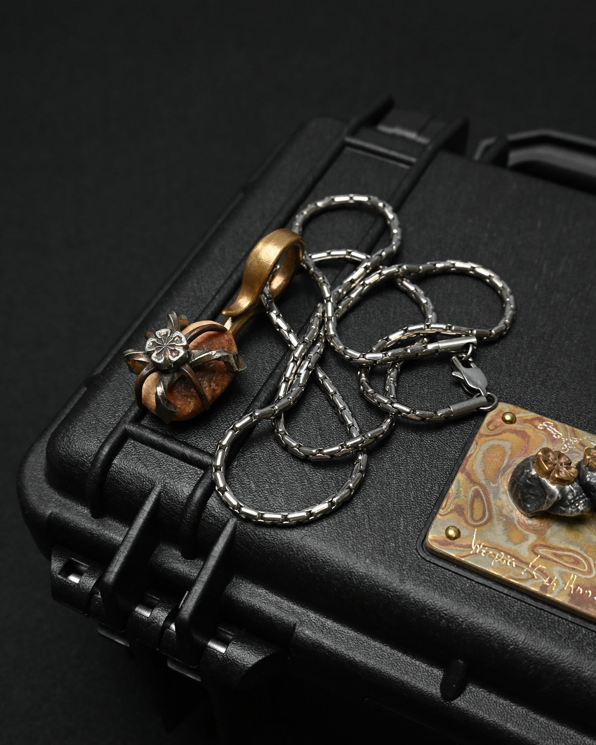 Rare ONE-OFF Wtopia “Evlove” Walrus Ivory Fossil Floral Pendant – Silver, Copper & Bronze / Titanium Chain