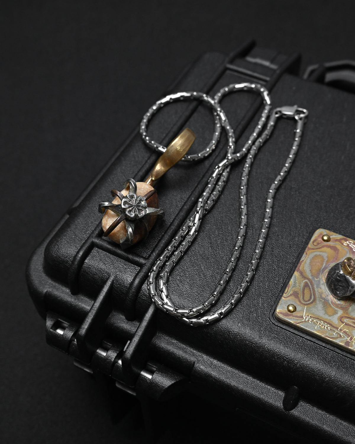 Rare ONE-OFF Wtopia “Evlove” Walrus Ivory Fossil Floral Pendant – Silver, Copper & Bronze / Titanium Chain
