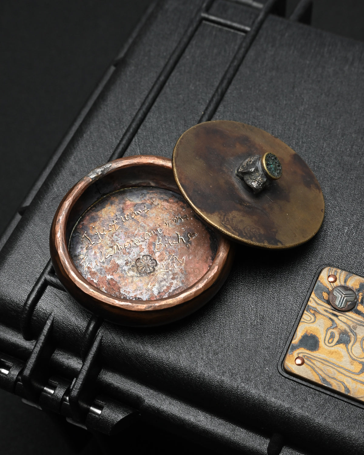 Wtopia ONE-OFF Tokyo JKG Show exclusive handmade bronze ashtray and EDC trinket box made in Japan, featuring a 925 sterling silver skull, bronze apricot blossom, bronze rivets and hand-signed interior