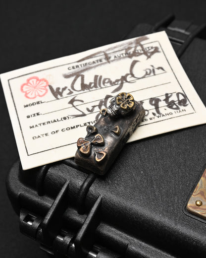 Rare ONE-OFF Wtopia “Tokyo” Silver Skull Floral EDC Challenge Coin / Worry Stone – Made in Japan