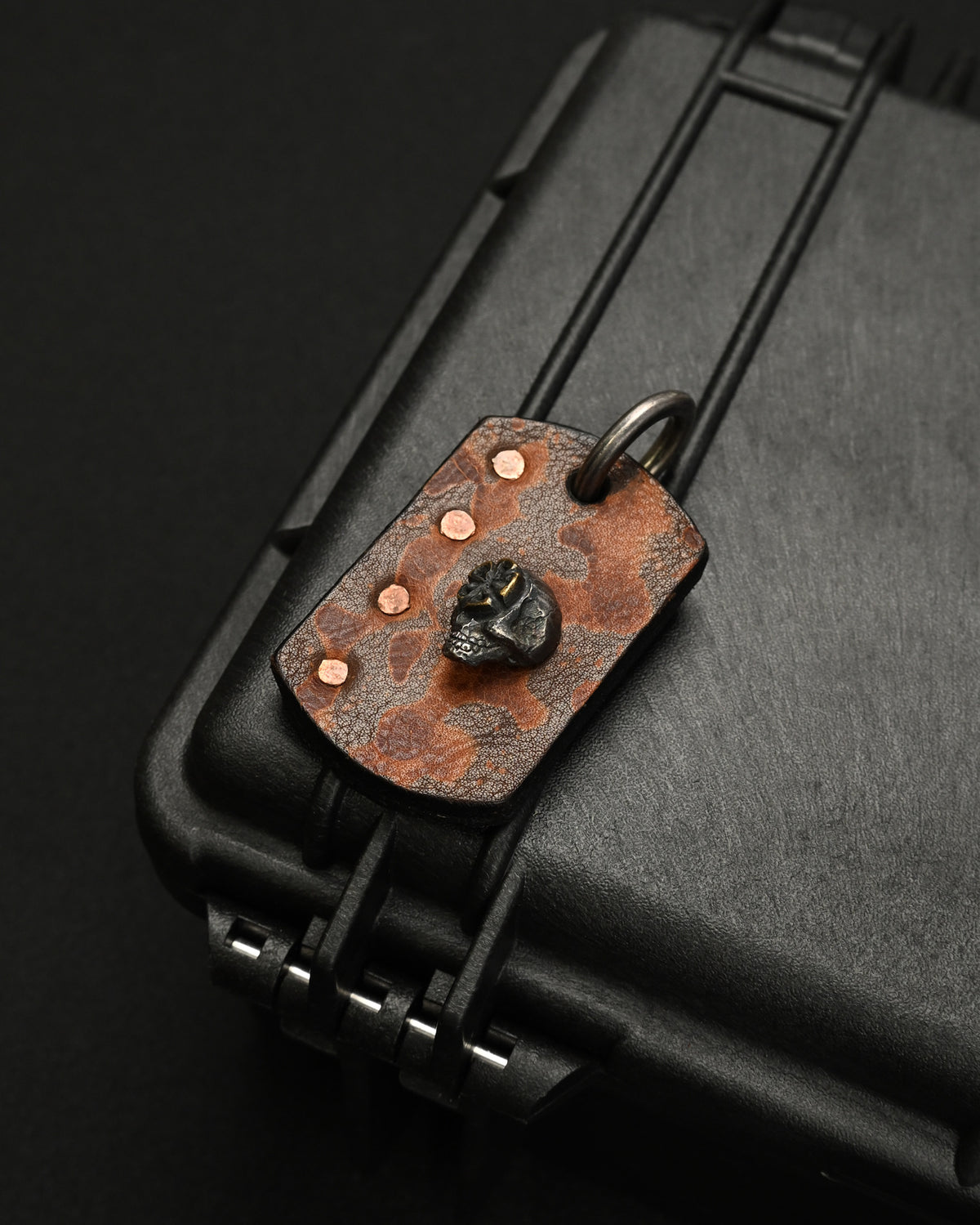 Rare ONE-OFF Wtopia Handmade Leather Skull Charm – Vintage Camo Cowhide / Genuine Sharkskin / Silver Skull & Bronze Floral Detail