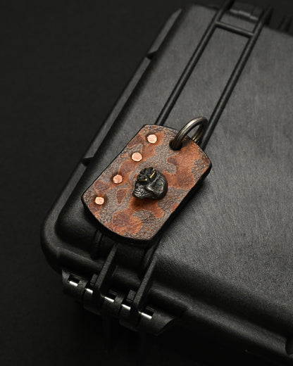 Rare ONE-OFF Wtopia Handmade Leather Skull Charm – Vintage Camo Cowhide / Genuine Sharkskin / Silver Skull & Bronze Floral Detail