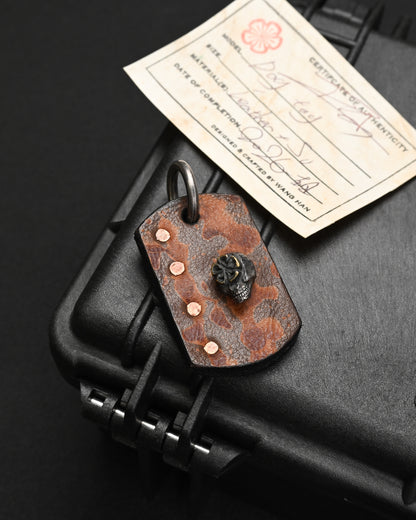 Wtopia ONE-OFF handmade leather EDC charm featuring vintage brown camouflage cowhide, genuine black sharkskin, three-dimensional silver skull, bronze apricot blossom and solid silver attachment ring