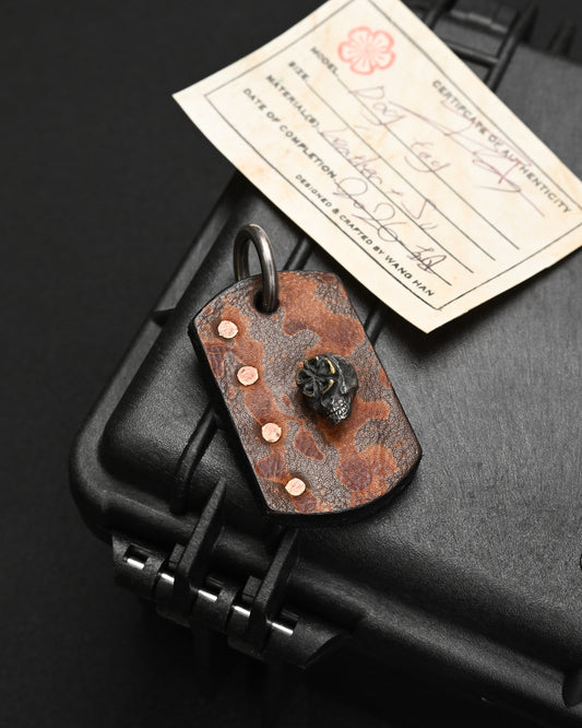Wtopia ONE-OFF handmade leather EDC charm featuring vintage brown camouflage cowhide, genuine black sharkskin, three-dimensional silver skull, bronze apricot blossom and solid silver attachment ring