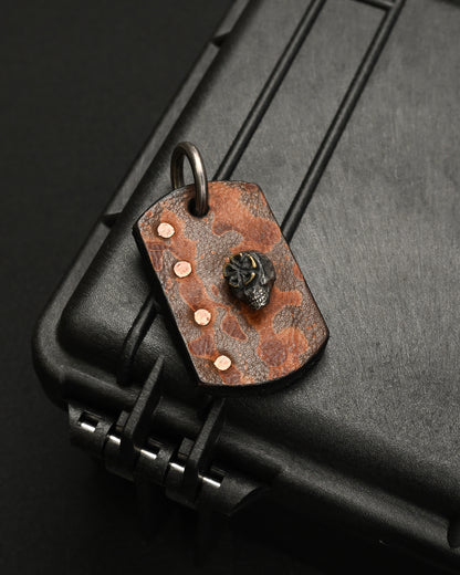 Rare ONE-OFF Wtopia Handmade Leather Skull Charm – Vintage Camo Cowhide / Genuine Sharkskin / Silver Skull & Bronze Floral Detail
