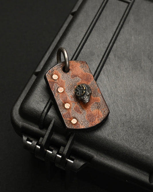 Rare ONE-OFF Wtopia Handmade Leather Skull Charm – Vintage Camo Cowhide / Genuine Sharkskin / Silver Skull & Bronze Floral Detail