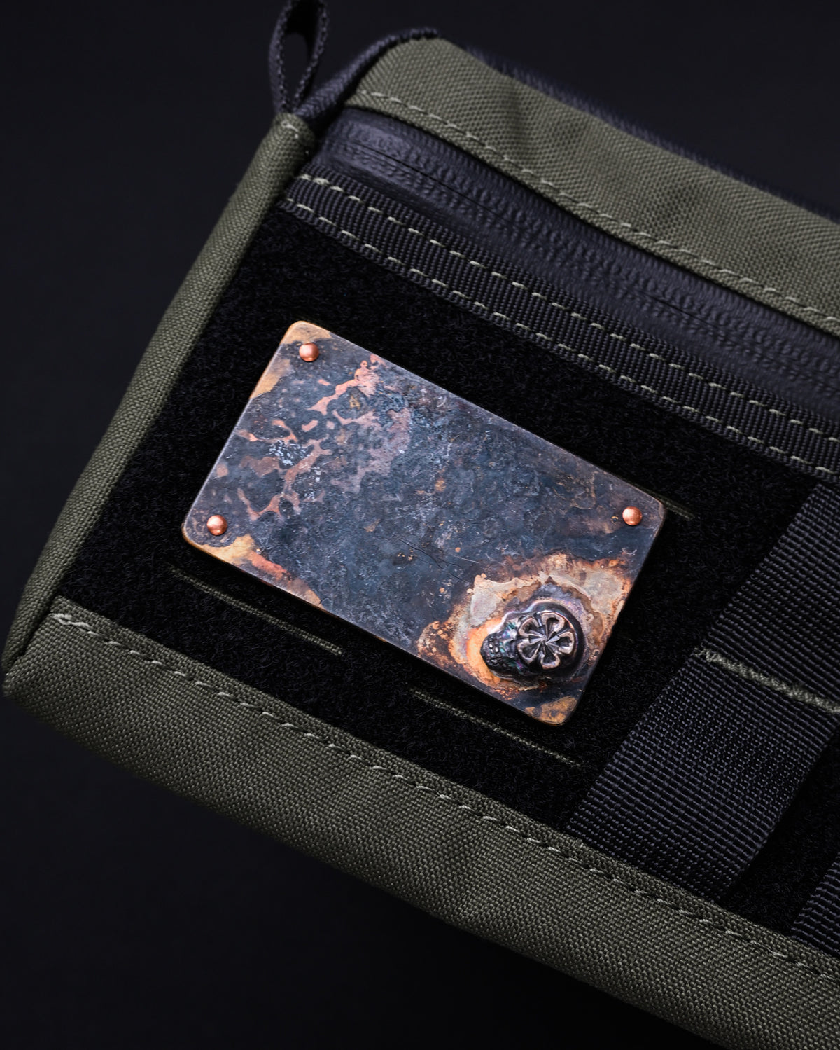 Rare Wtopia Handmade Vintage Bronze EDC Patch – 3D Silver Skull / Bronze Floral Detail / Copper Rivets / Made in Japan