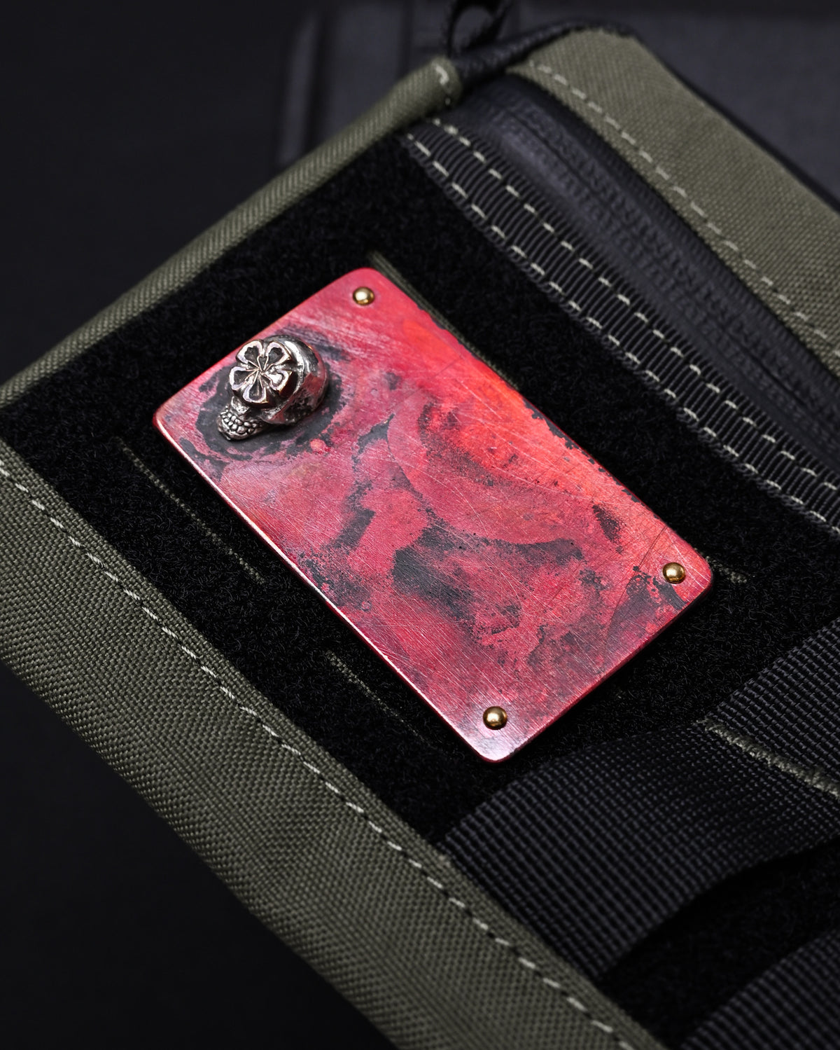 Wtopia 日本製ハンドメイド・ヴィンテージカッパーEDCベルクロパッチ 立体シルバースカル ブロンズ製杏花モチーフ 銅製リベット3個 VELCROフック面