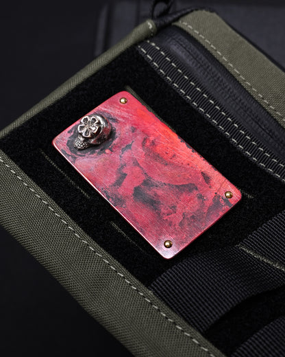 Wtopia 日本製ハンドメイド・ヴィンテージカッパーEDCベルクロパッチ 立体シルバースカル ブロンズ製杏花モチーフ 銅製リベット3個 VELCROフック面