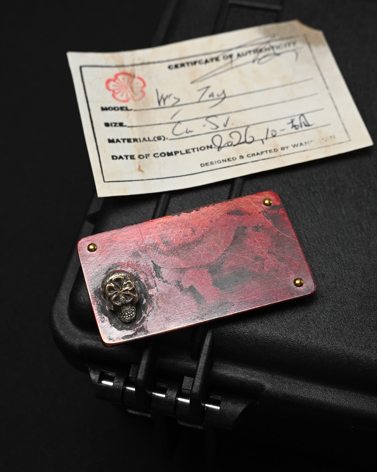 Wtopia handmade Japanese vintage copper EDC patch featuring a three-dimensional silver skull, bronze apricot blossom motif, three copper rivets and VELCRO hook backing