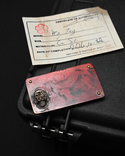 Wtopia handmade Japanese vintage copper EDC patch featuring a three-dimensional silver skull, bronze apricot blossom motif, three copper rivets and VELCRO hook backing