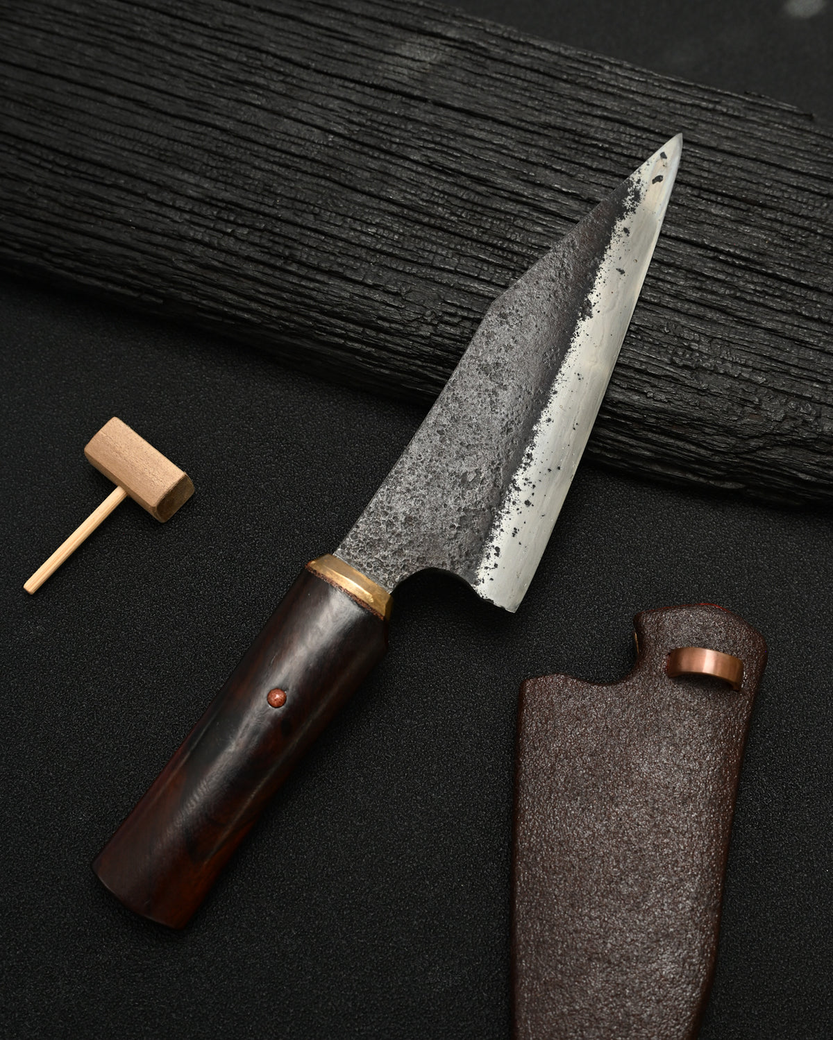 Rare ONE-OFF Yukio Nibe NO.R5-26 Custom Knife – Warikomi Carbon Steel / Sabiji Finish / Urushi Wood Handle / Japan