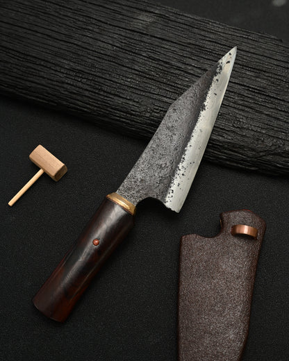 Rare ONE-OFF Yukio Nibe NO.R5-26 Custom Knife – Warikomi Carbon Steel / Sabiji Finish / Urushi Wood Handle / Japan