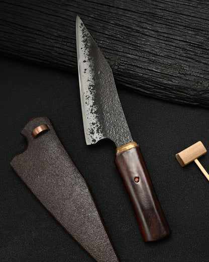 Rare ONE-OFF Yukio Nibe NO.R5-26 Custom Knife – Warikomi Carbon Steel / Sabiji Finish / Urushi Wood Handle / Japan