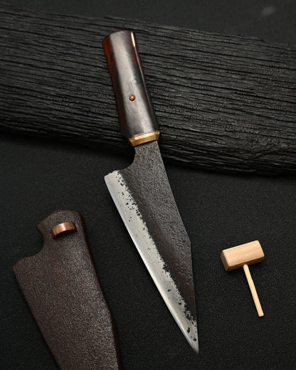 Rare ONE-OFF Yukio Nibe NO.R5-26 Custom Knife – Warikomi Carbon Steel / Sabiji Finish / Urushi Wood Handle / Japan