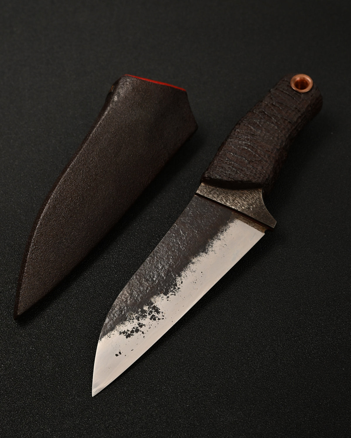 Yukio Nibe NO.R5-37 rare ONE-OFF Japanese custom knife featuring a forged carbon steel blade with Sabiji finish and visible hamon, lacquered Ho wood handle with copper details, and matching wooden sheath