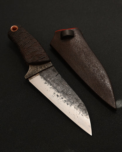 Rare ONE-OFF Yukio Nibe NO.R5-37 Custom Art Knife – Forged Carbon Steel / Sabiji Finish / Lacquered Wood / Japan