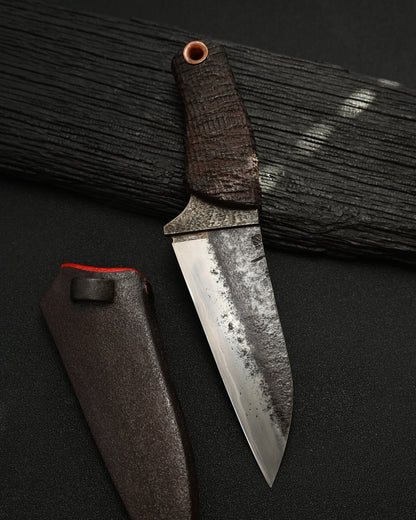 Rare ONE-OFF Yukio Nibe NO.R5-37 Custom Art Knife – Forged Carbon Steel / Sabiji Finish / Lacquered Wood / Japan