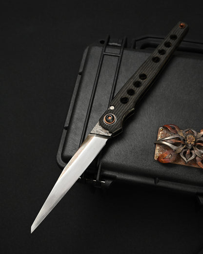Yukio Nibe ONE-OFF NO.R8-1 Japanese custom folding knife made from reclaimed Japanese sword carbon steel with suguha hamon, blackened spine, iron handle and Heiju signature