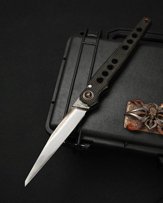 Yukio Nibe ONE-OFF NO.R8-1 Japanese custom folding knife made from reclaimed Japanese sword carbon steel with suguha hamon, blackened spine, iron handle and Heiju signature